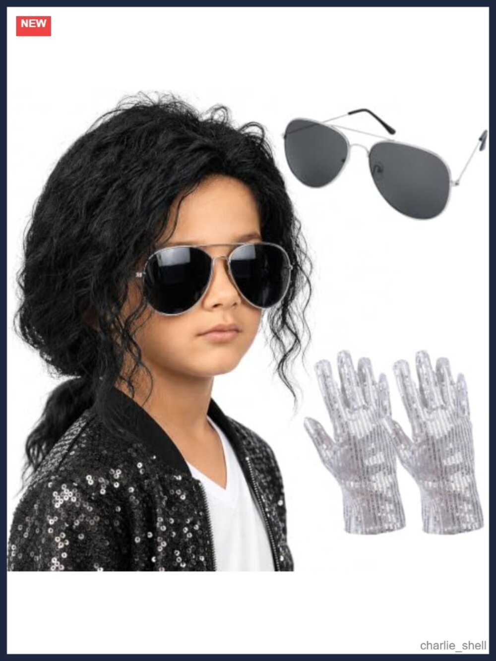Kids Black Curly Wig with Glasses & Gloves 80s Disco Rock Costume